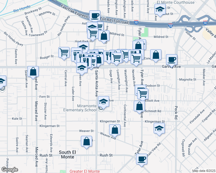 map of restaurants, bars, coffee shops, grocery stores, and more near 2657 Gage Avenue in South El Monte