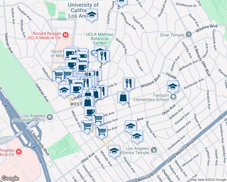 map of restaurants, bars, coffee shops, grocery stores, and more near 10800 Lindbrook Drive in Los Angeles