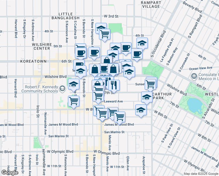 map of restaurants, bars, coffee shops, grocery stores, and more near 682 Shatto Place in Los Angeles
