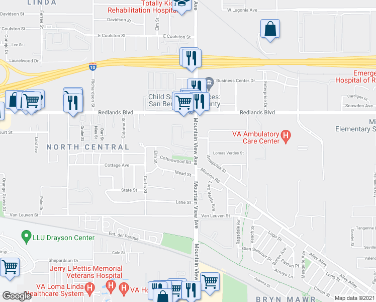 map of restaurants, bars, coffee shops, grocery stores, and more near 10650 Mountain View Avenue in Redlands