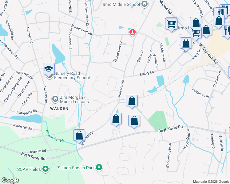 map of restaurants, bars, coffee shops, grocery stores, and more near 519 Old Wood Place in Columbia