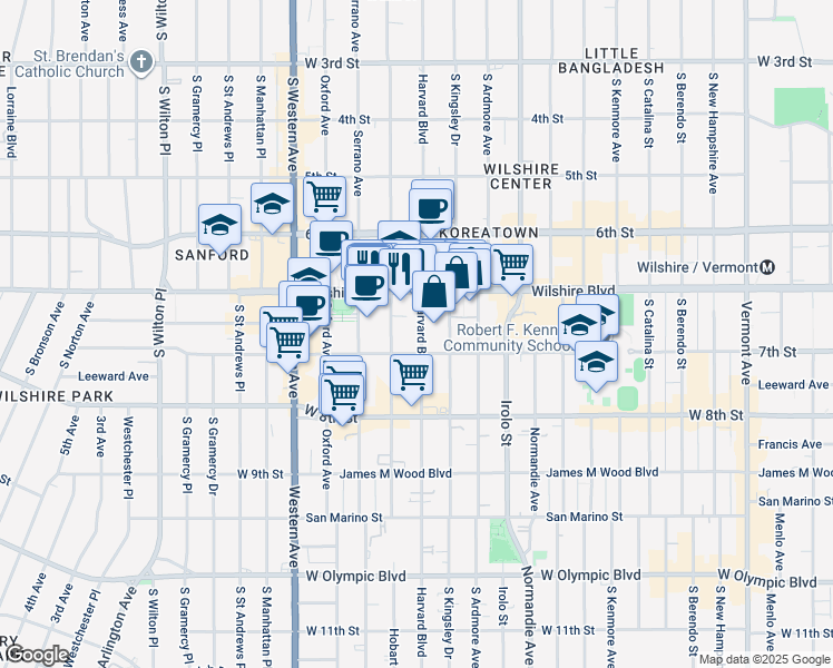 map of restaurants, bars, coffee shops, grocery stores, and more near 688 South Hobart Boulevard in Los Angeles