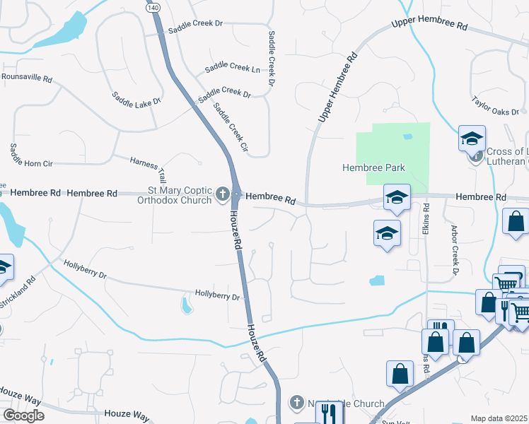 map of restaurants, bars, coffee shops, grocery stores, and more near 245 Bluff Oak Drive in Roswell