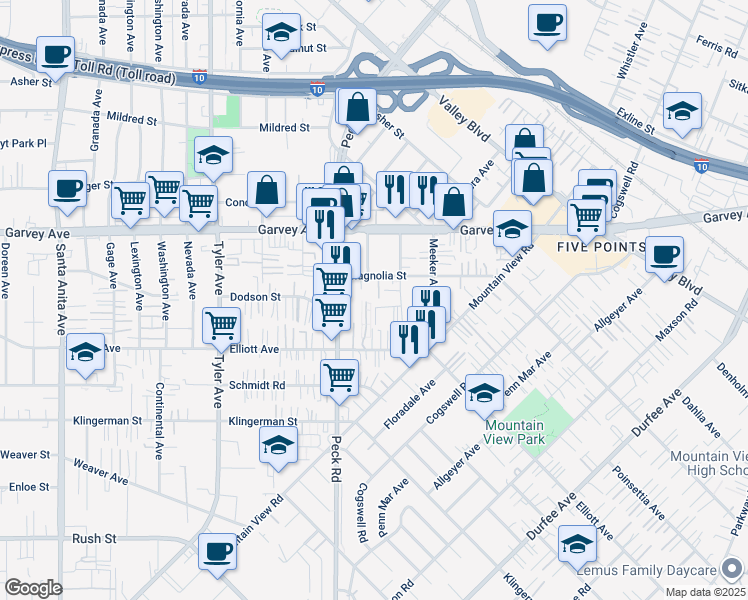 map of restaurants, bars, coffee shops, grocery stores, and more near 11403 Dodson Street in El Monte