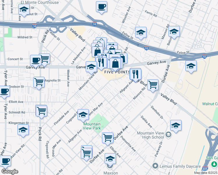 map of restaurants, bars, coffee shops, grocery stores, and more near 2904 Cogswell Road in El Monte