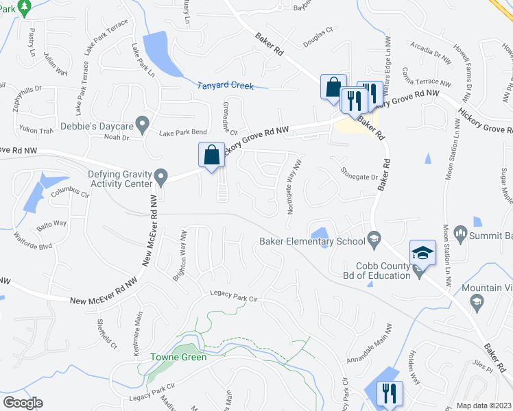map of restaurants, bars, coffee shops, grocery stores, and more near 4442 High Gate Drive Northwest in Acworth