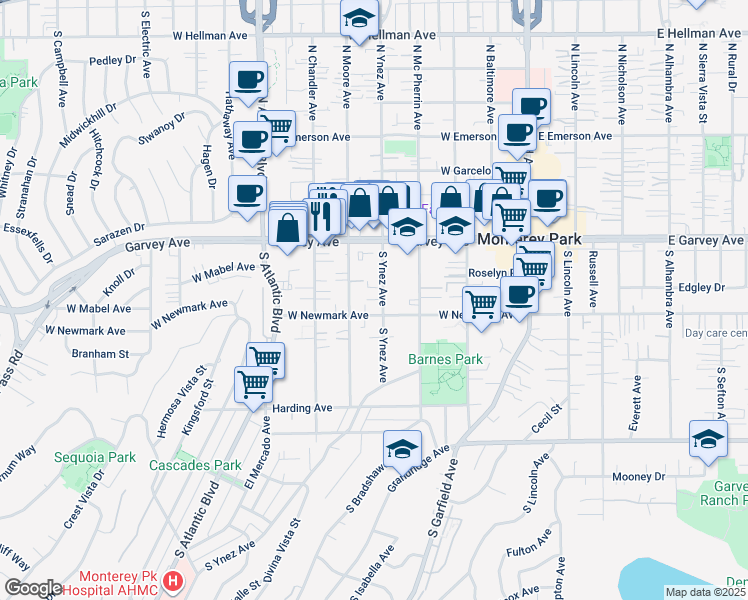 map of restaurants, bars, coffee shops, grocery stores, and more near 227 South Ynez Avenue in Monterey Park