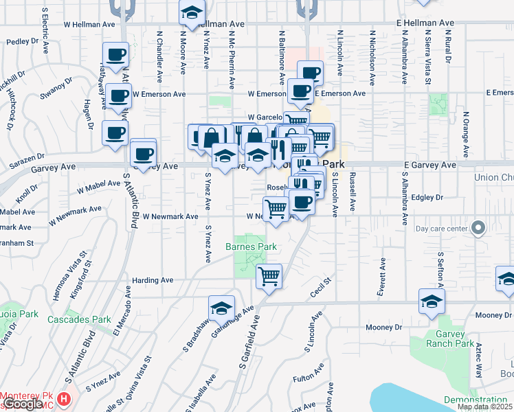 map of restaurants, bars, coffee shops, grocery stores, and more near 227 South Ramona Avenue in Monterey Park
