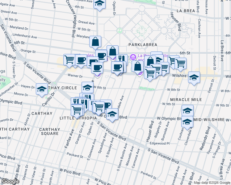 map of restaurants, bars, coffee shops, grocery stores, and more near 815 Spaulding Avenue in Los Angeles