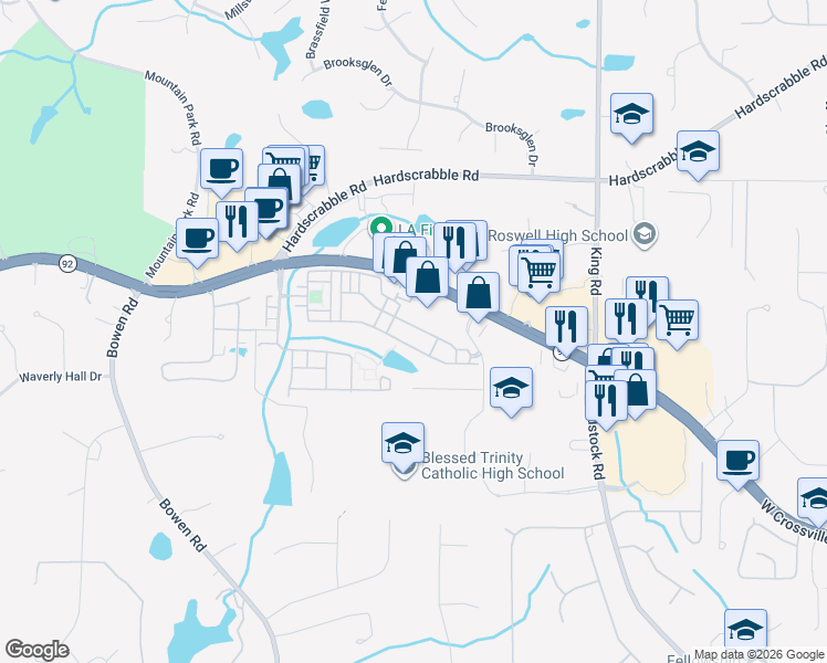 map of restaurants, bars, coffee shops, grocery stores, and more near 2406 Waters Edge Trail in Roswell