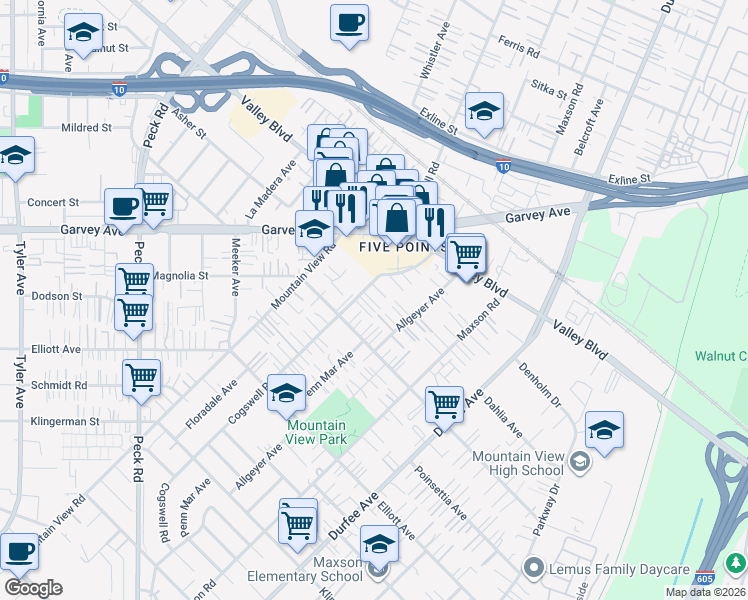 map of restaurants, bars, coffee shops, grocery stores, and more near 2904 Cogswell Road in El Monte