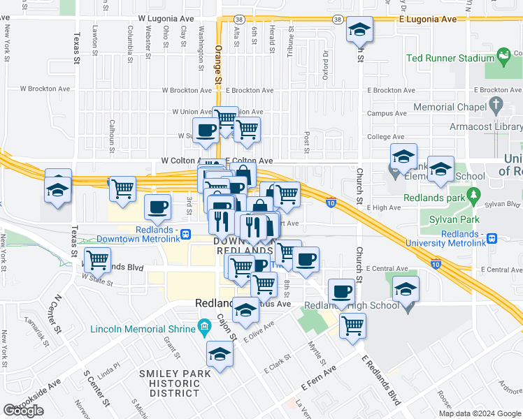 map of restaurants, bars, coffee shops, grocery stores, and more near 214 East High Avenue in Redlands
