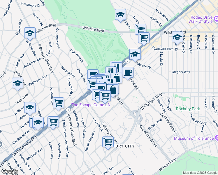 map of restaurants, bars, coffee shops, grocery stores, and more near 1855 Avenue of the Stars in Los Angeles