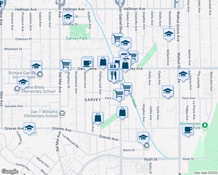 map of restaurants, bars, coffee shops, grocery stores, and more near 2643 Pine Street in Rosemead