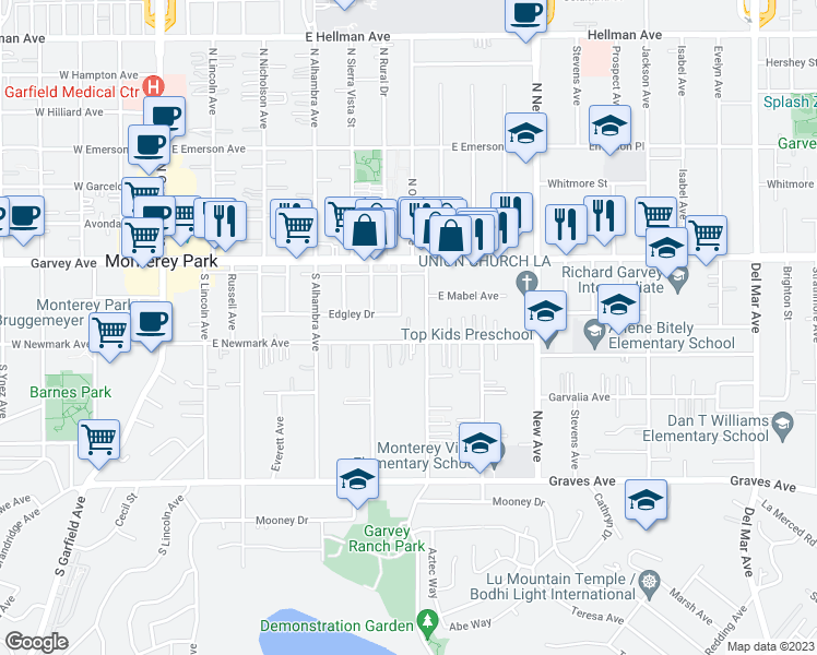 map of restaurants, bars, coffee shops, grocery stores, and more near 611 East Newmark Avenue in Monterey Park