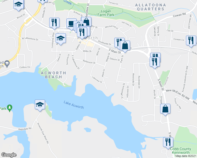 map of restaurants, bars, coffee shops, grocery stores, and more near 4266 Lakeview Street in Acworth