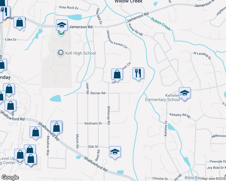 map of restaurants, bars, coffee shops, grocery stores, and more near 1485 Barrier Road in Marietta