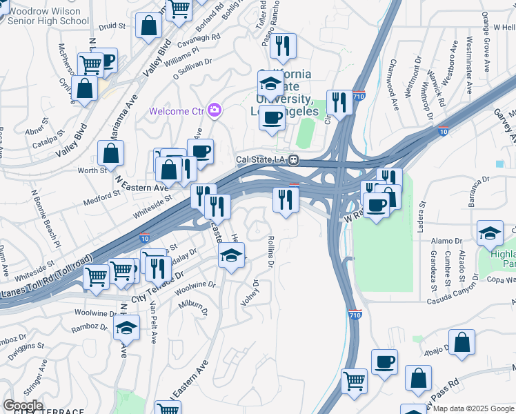 map of restaurants, bars, coffee shops, grocery stores, and more near Hayes Street in East Los Angeles
