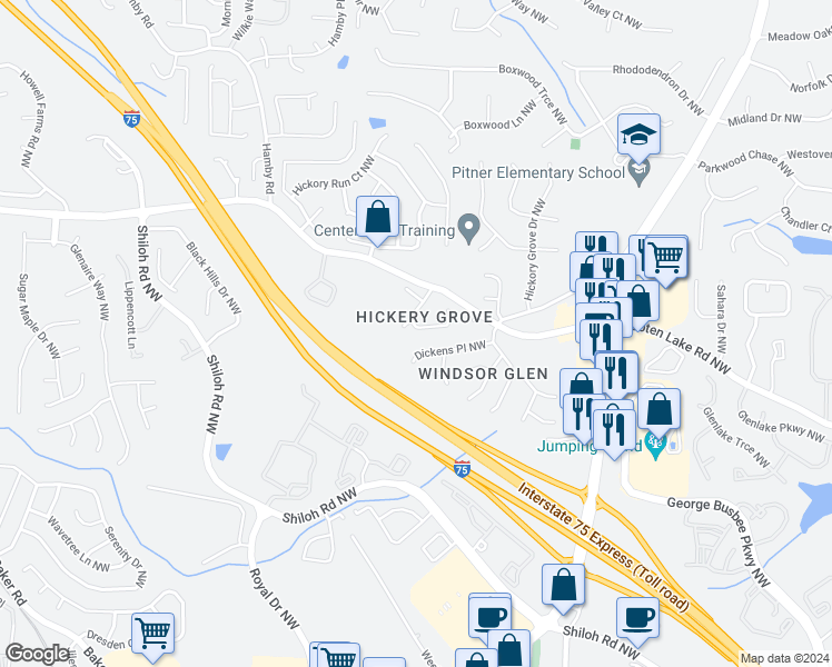map of restaurants, bars, coffee shops, grocery stores, and more near 4525 Sawnee Trail Northwest in Acworth