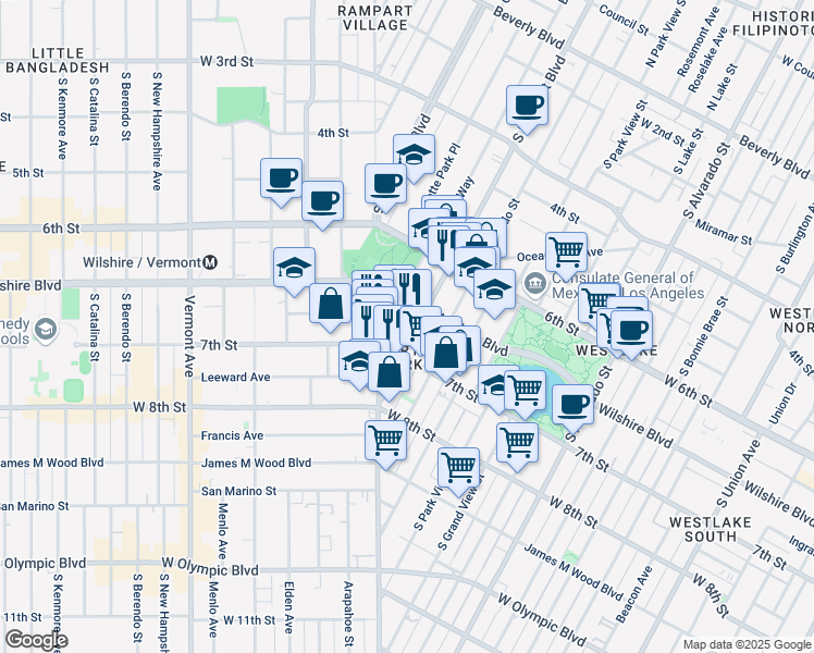 map of restaurants, bars, coffee shops, grocery stores, and more near 2525 Wilshire Boulevard in Los Angeles