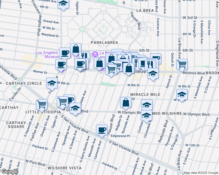 map of restaurants, bars, coffee shops, grocery stores, and more near 802 South Sierra Bonita Avenue in Los Angeles