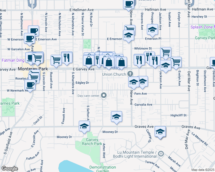 map of restaurants, bars, coffee shops, grocery stores, and more near 715 East Newmark Avenue in Monterey Park