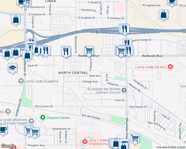 map of restaurants, bars, coffee shops, grocery stores, and more near 25450 Park Avenue in Loma Linda