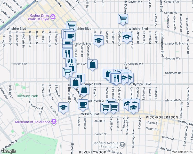 map of restaurants, bars, coffee shops, grocery stores, and more near 345 South Elm Drive in Beverly Hills