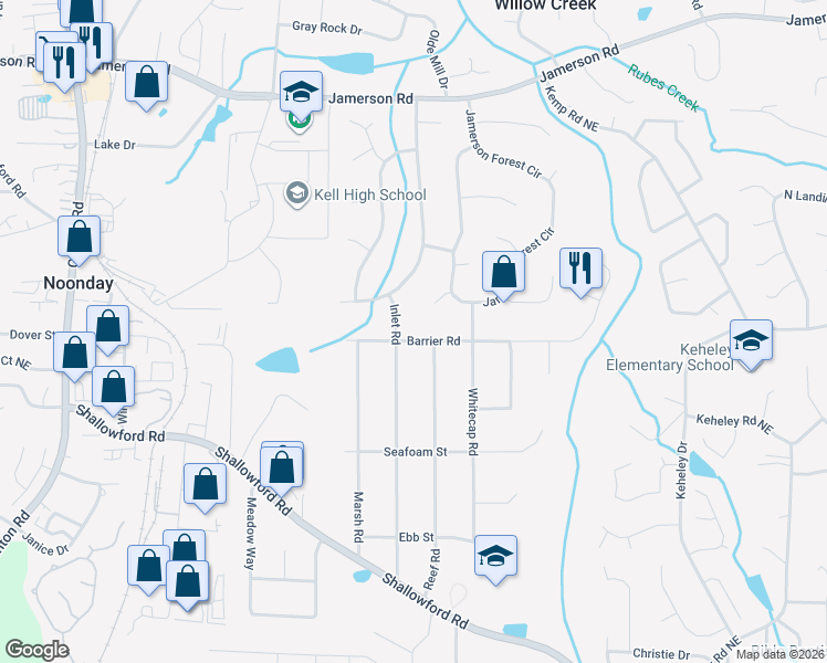 map of restaurants, bars, coffee shops, grocery stores, and more near 1405 Barrier Road in Marietta
