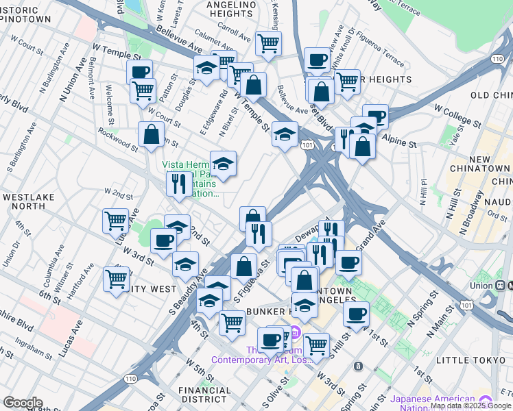 map of restaurants, bars, coffee shops, grocery stores, and more near 2 Mignonette Street in Los Angeles