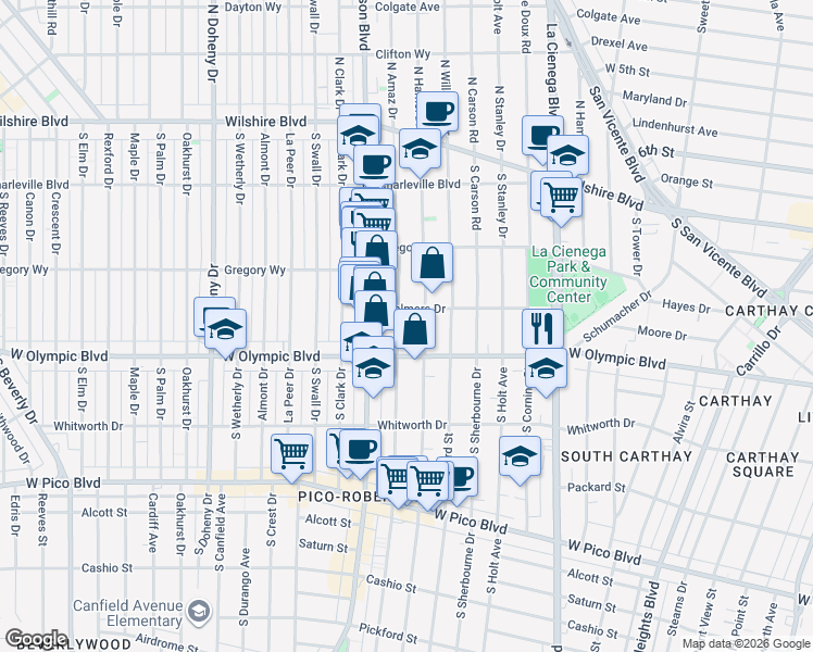 map of restaurants, bars, coffee shops, grocery stores, and more near 914 South Wooster Street in Los Angeles