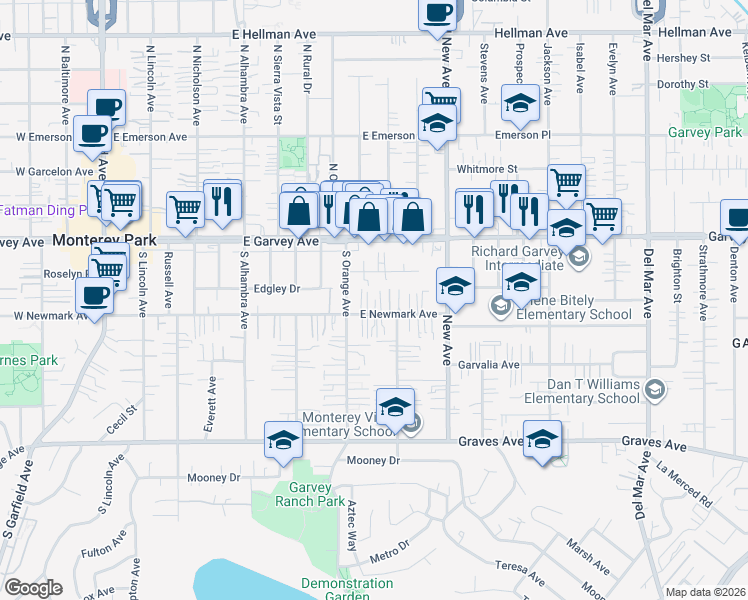 map of restaurants, bars, coffee shops, grocery stores, and more near 2 East Newmark Avenue in Monterey Park