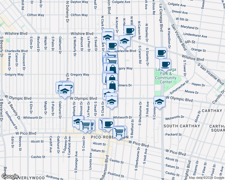 map of restaurants, bars, coffee shops, grocery stores, and more near 906 South Robertson Boulevard in Los Angeles