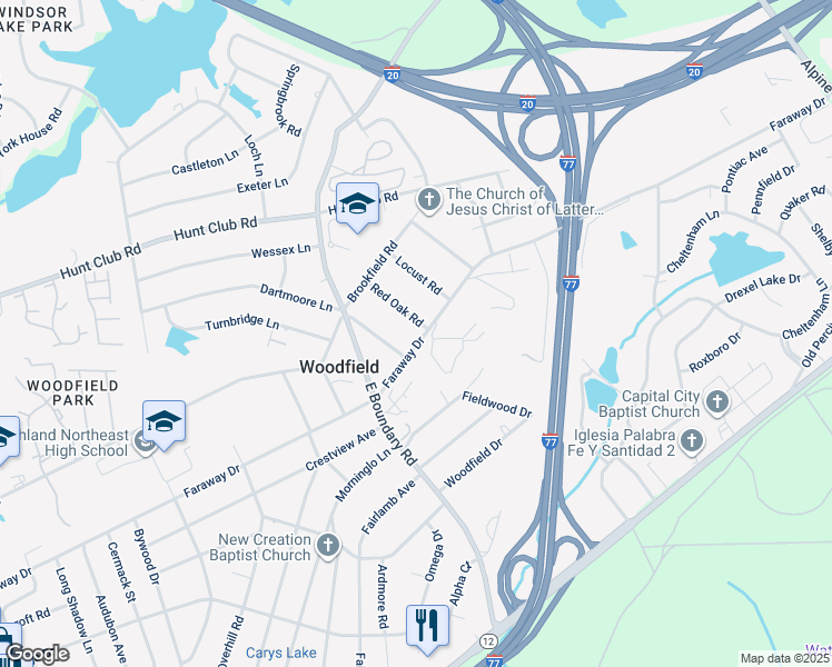 map of restaurants, bars, coffee shops, grocery stores, and more near 2301 Red Oak Road in Columbia