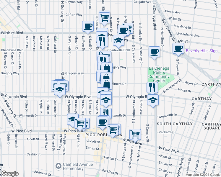 map of restaurants, bars, coffee shops, grocery stores, and more near 915 South Wooster Street in Los Angeles