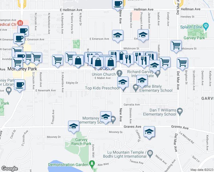 map of restaurants, bars, coffee shops, grocery stores, and more near 827 Newmark Avenue in Monterey Park
