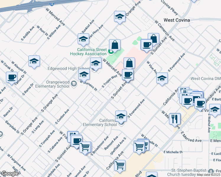 map of restaurants, bars, coffee shops, grocery stores, and more near 1310 Zeus in West Covina