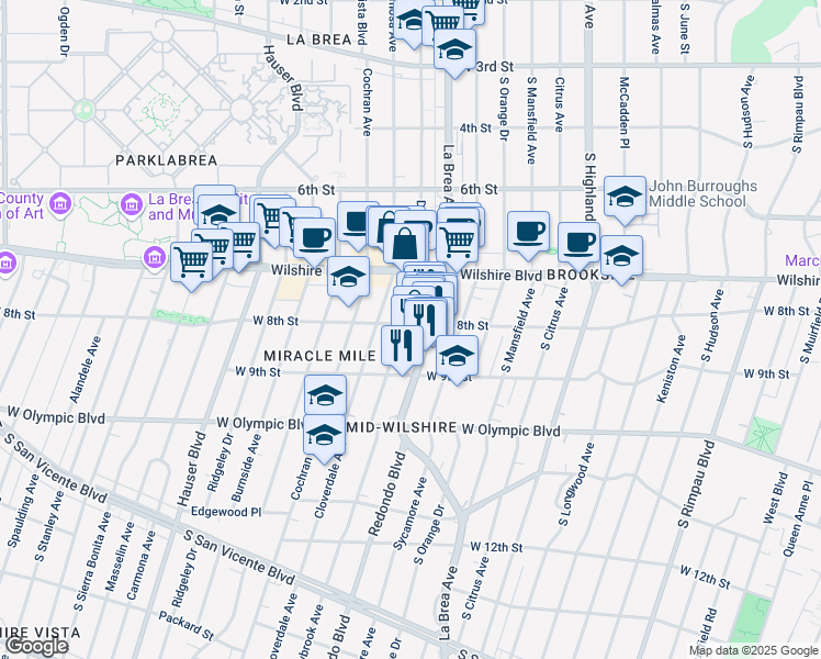 map of restaurants, bars, coffee shops, grocery stores, and more near 5314 West 8th Street in Los Angeles