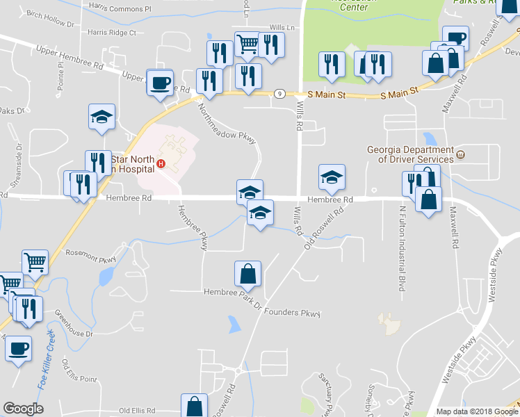 map of restaurants, bars, coffee shops, grocery stores, and more near 1325 Northmeadow Pkwy in Roswell