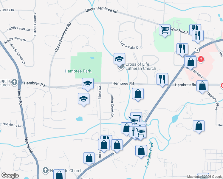 map of restaurants, bars, coffee shops, grocery stores, and more near 110 Arbor Creek Way in Roswell