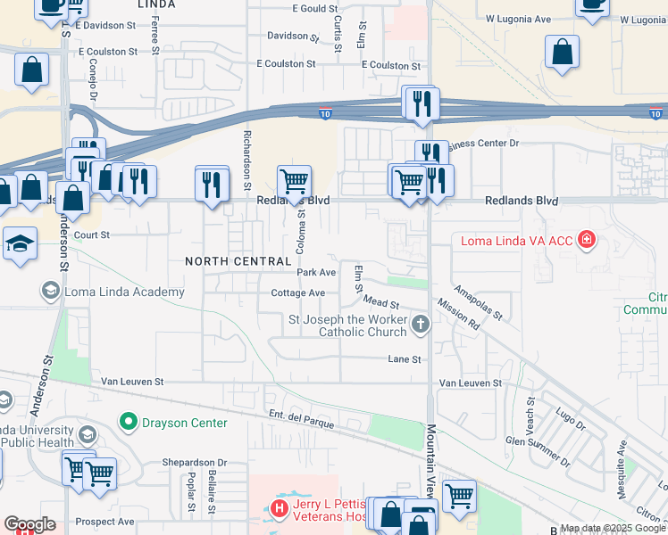 map of restaurants, bars, coffee shops, grocery stores, and more near 10644 Curtis Street in Loma Linda