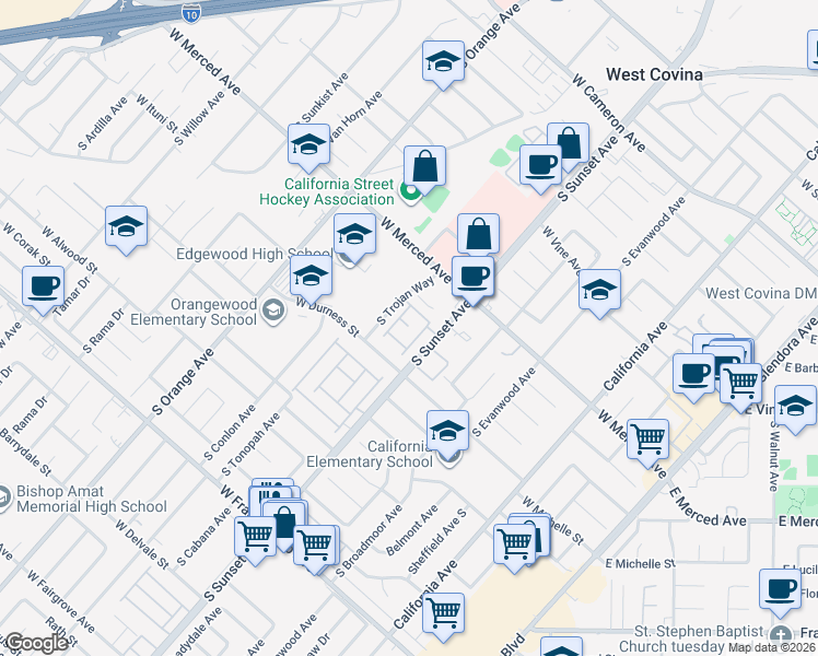map of restaurants, bars, coffee shops, grocery stores, and more near 1409 Athena in West Covina