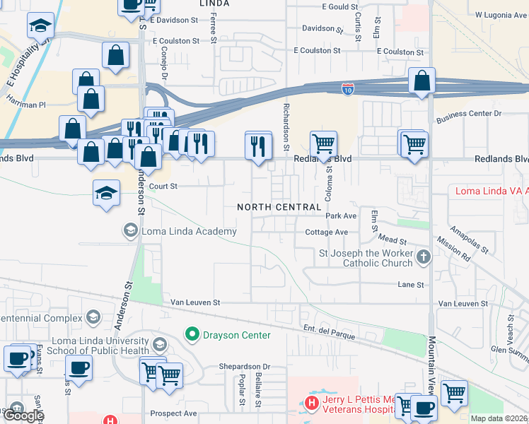 map of restaurants, bars, coffee shops, grocery stores, and more near 25248 Park Avenue in Loma Linda
