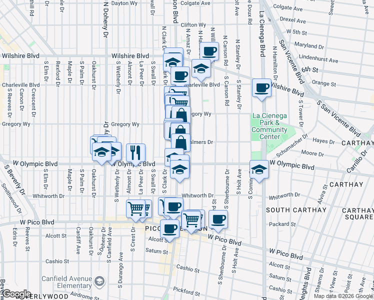 map of restaurants, bars, coffee shops, grocery stores, and more near 915 South Wooster Street in Los Angeles