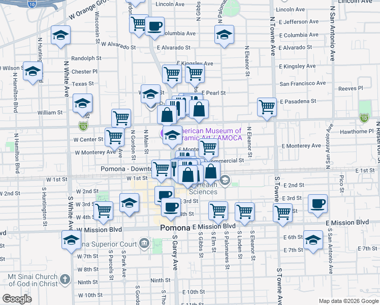 map of restaurants, bars, coffee shops, grocery stores, and more near 187 East Monterey Avenue in Pomona