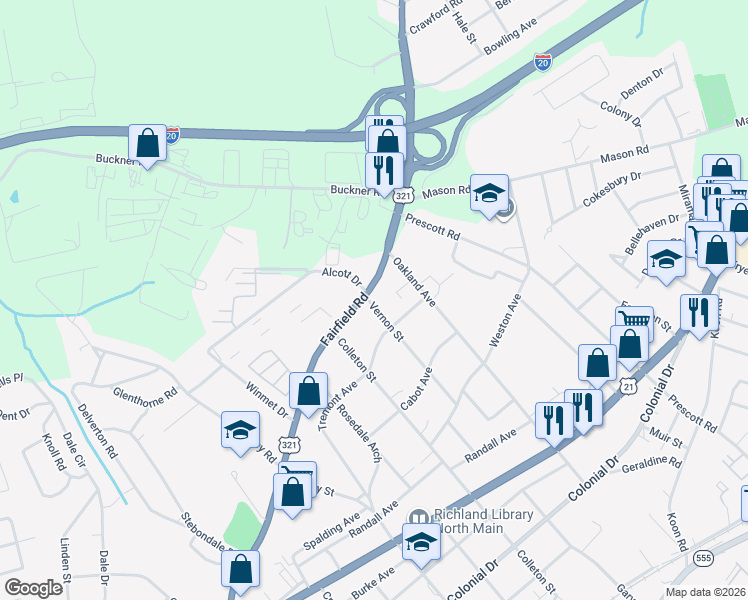 map of restaurants, bars, coffee shops, grocery stores, and more near 5600 Fairfield Road in Columbia