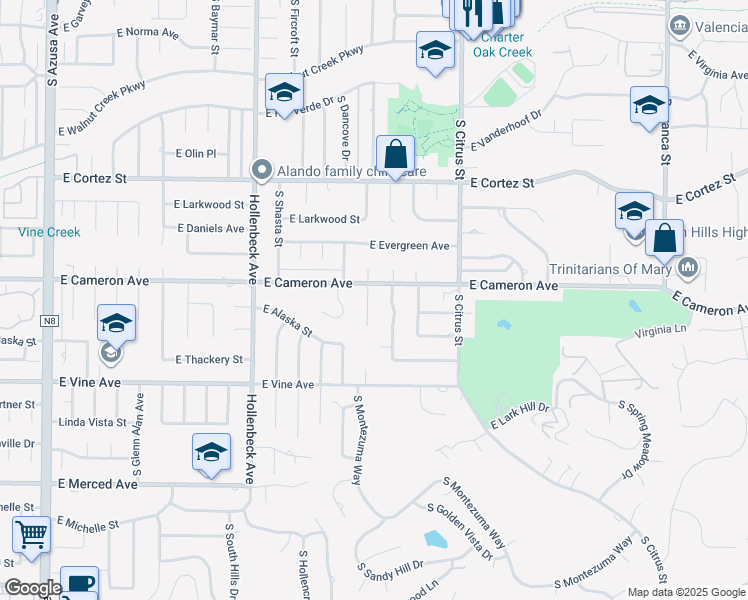 map of restaurants, bars, coffee shops, grocery stores, and more near 814 South Montezuma Way in West Covina