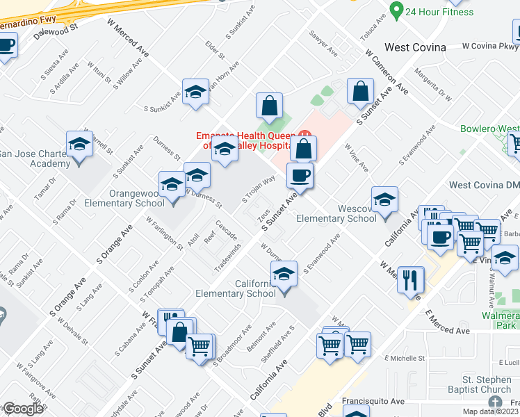 map of restaurants, bars, coffee shops, grocery stores, and more near 1310 Zeus in West Covina