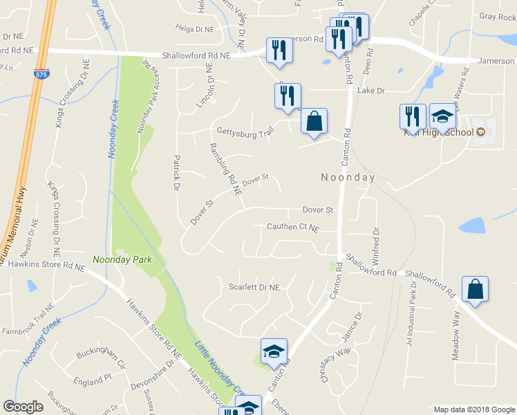 map of restaurants, bars, coffee shops, grocery stores, and more near Dover Street in Marietta