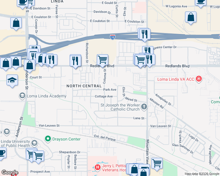 map of restaurants, bars, coffee shops, grocery stores, and more near 25450 Park Avenue in Loma Linda